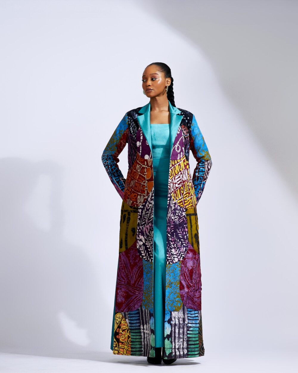 Maxi Patchwork Coat Paired With a Teal Column Skirt - Image 5