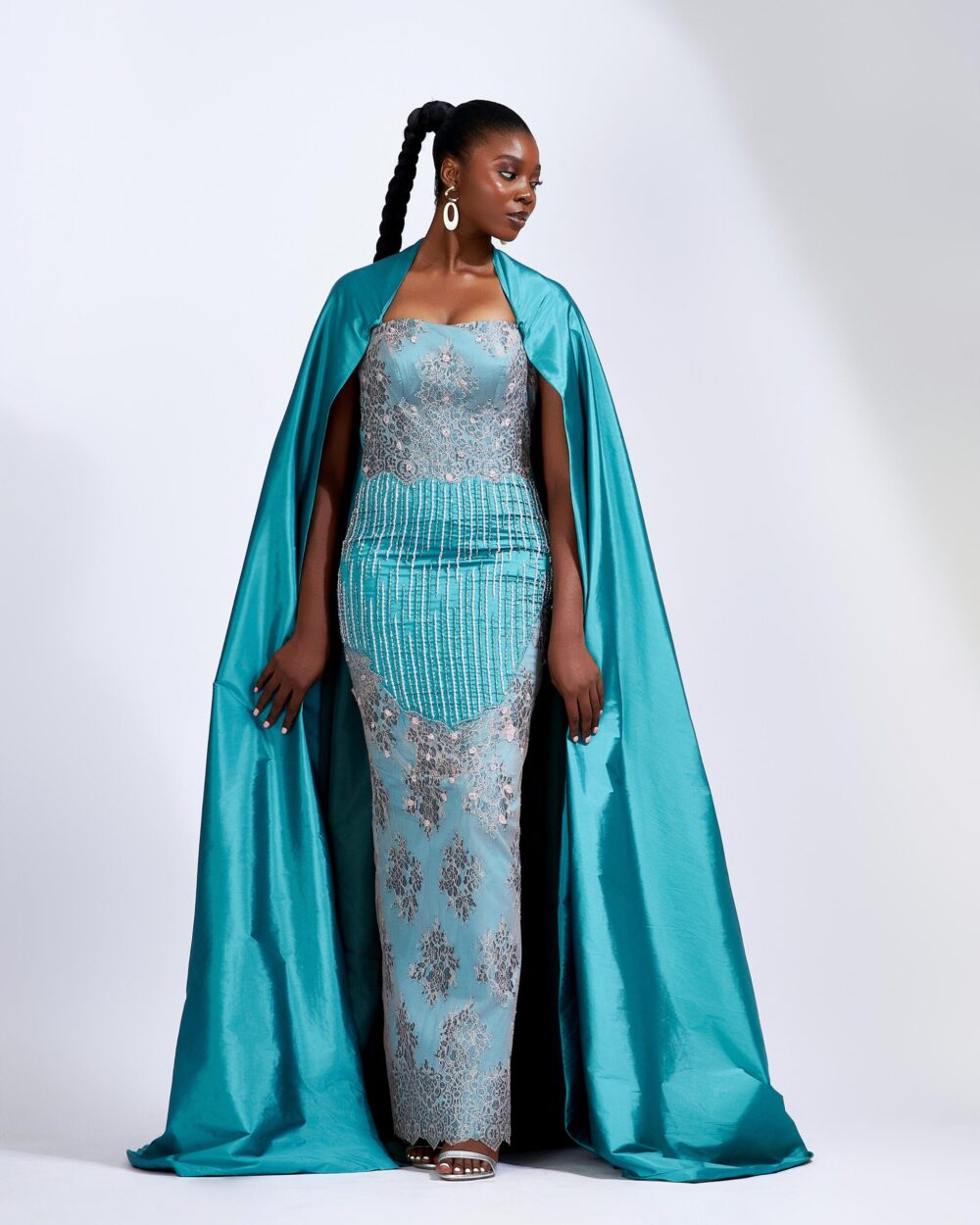 Strapless Beaded Bodice With Floral Lace Detailing With Detachable Taffeta Cappe - Image 2