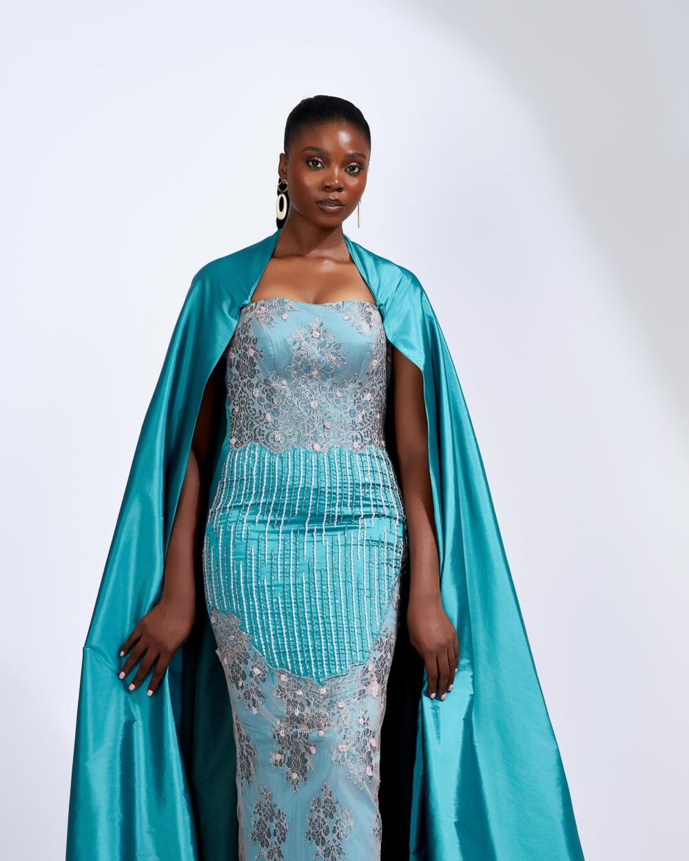 Strapless Beaded Bodice With Floral Lace Detailing With Detachable Taffeta Cappe - Image 3